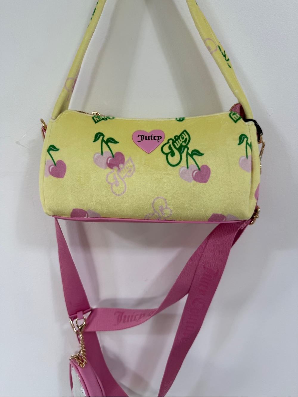 Juicy Couture Yellow Cherry Mini Barrel Bag with Pink Strap